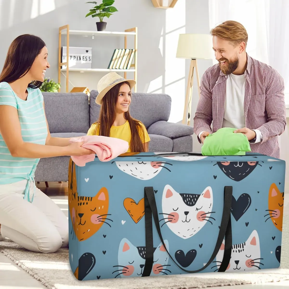 Extra Large Moving Bags Cats Love Hearts Storage Bags with Handles and Zippers Large Packing Bags for Space Saving Storage Totes Moving Supplies