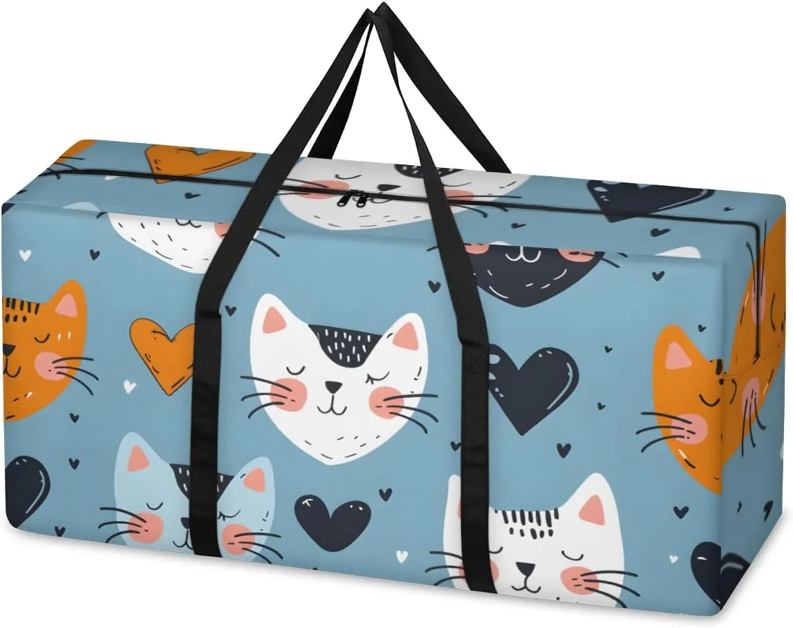 Extra Large Moving Bags Cats Love Hearts Storage Bags with Handles and Zippers Large Packing Bags for Space Saving Storage Totes Moving Supplies