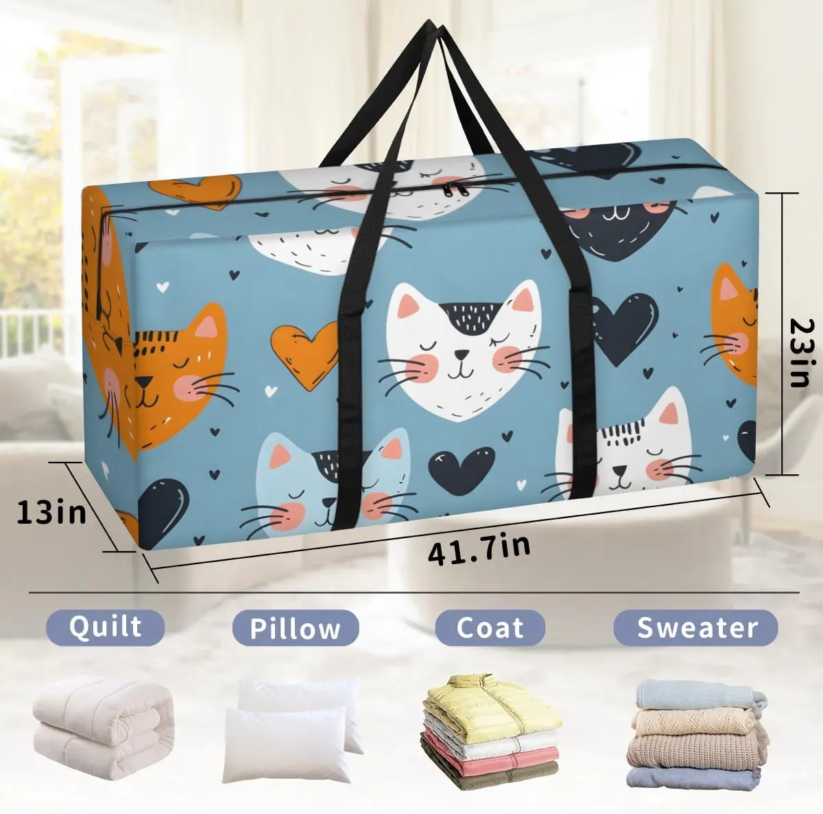 Extra Large Moving Bags Cats Love Hearts Storage Bags with Handles and Zippers Large Packing Bags for Space Saving Storage Totes Moving Supplies