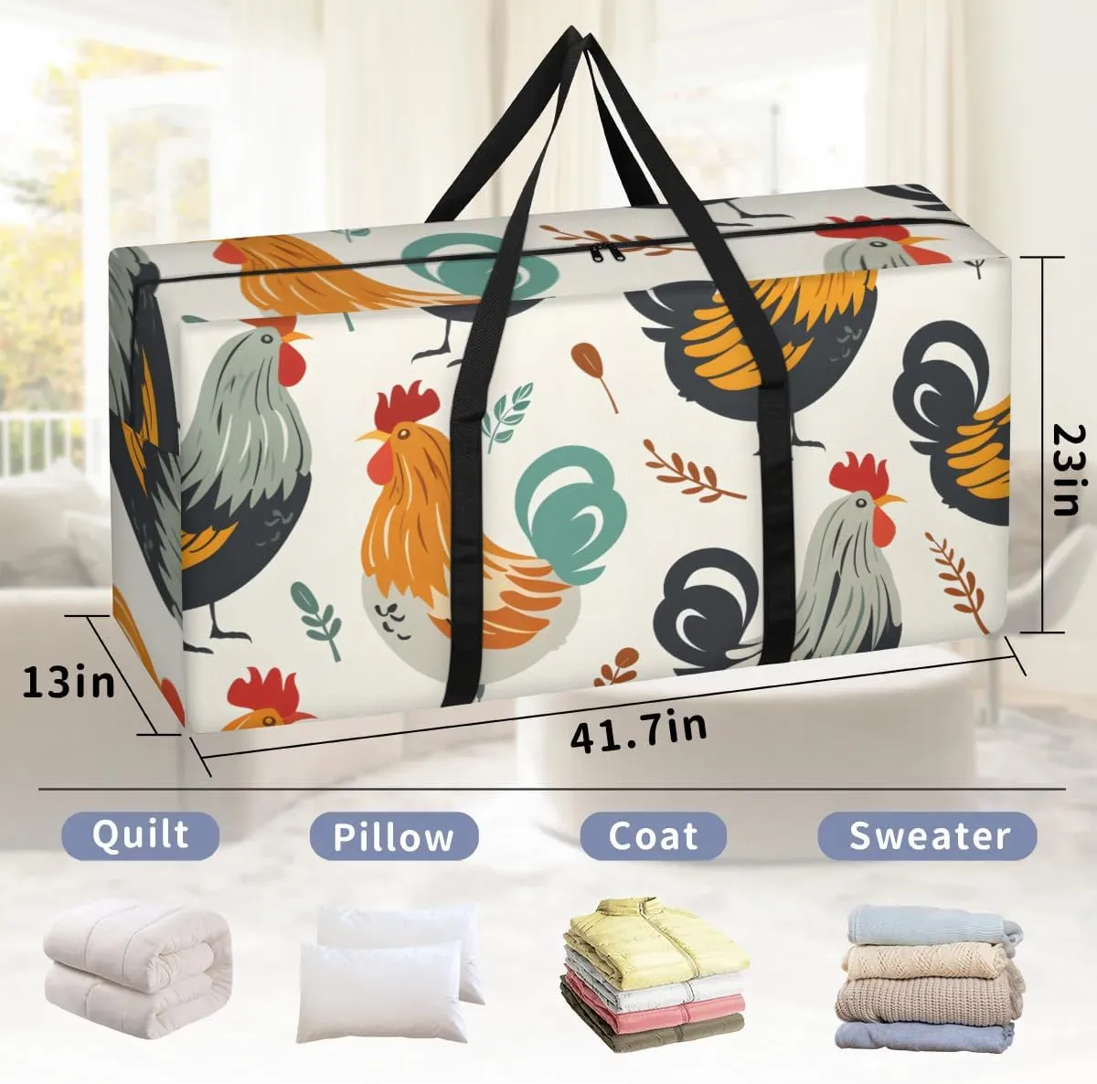 Extra Large Moving Bags Cute Roosters Storage Bags with Handles and Zippers Large Packing Bags for Space Saving Storage Totes Moving Supplies