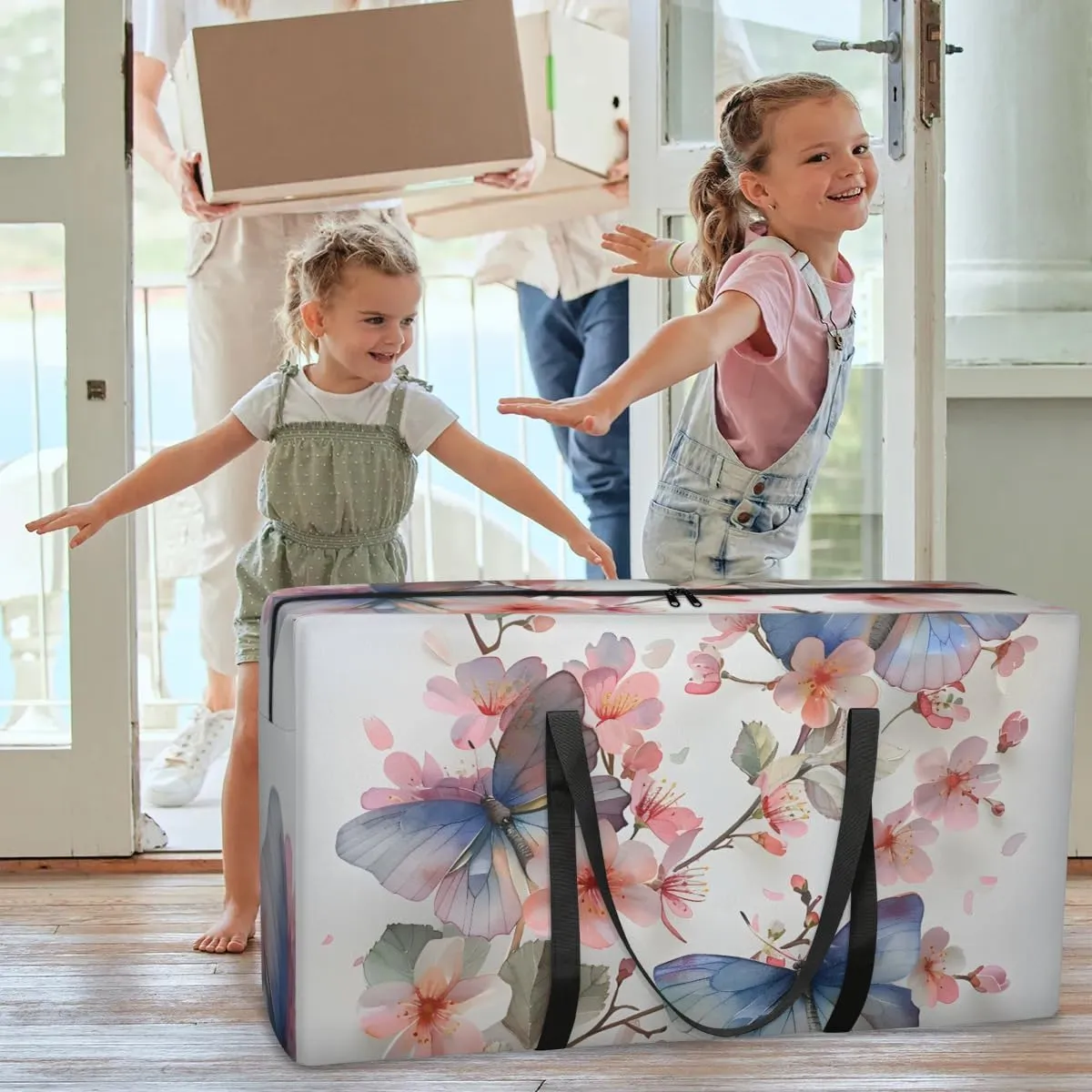 Extra Large Moving Bags Floral Flower Butterflies Storage Bags with Handles and Zippers Large Packing Bags for Space Saving Storage Totes Moving Supplies