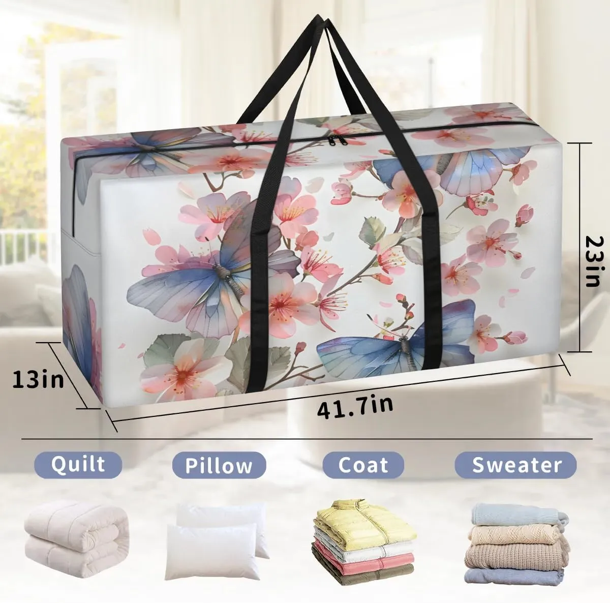 Extra Large Moving Bags Floral Flower Butterflies Storage Bags with Handles and Zippers Large Packing Bags for Space Saving Storage Totes Moving Supplies
