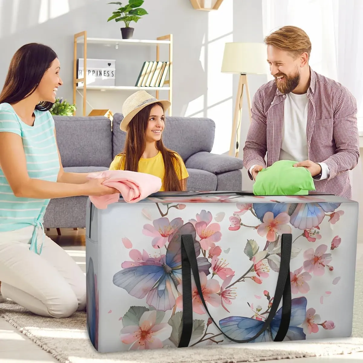 Extra Large Moving Bags Floral Flower Butterflies Storage Bags with Handles and Zippers Large Packing Bags for Space Saving Storage Totes Moving Supplies