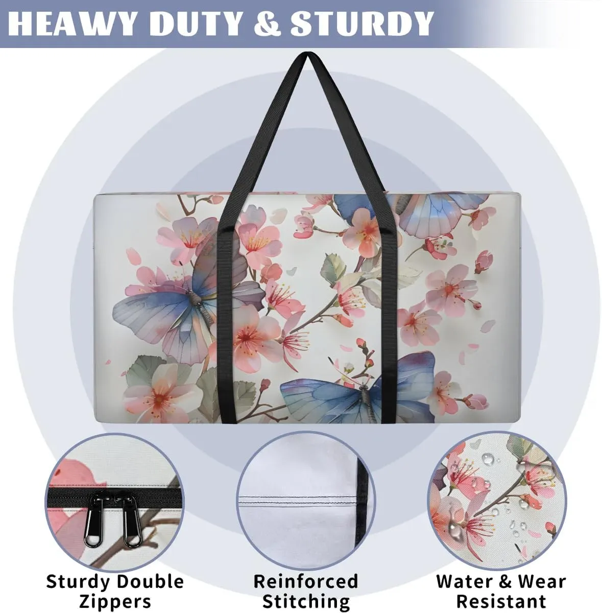 Extra Large Moving Bags Floral Flower Butterflies Storage Bags with Handles and Zippers Large Packing Bags for Space Saving Storage Totes Moving Supplies