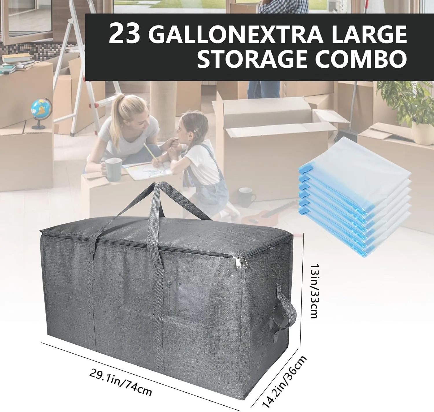 Extra Large Storage Bags Set Heavy Duty Moving Totes with Handles, Waterproof Dual-Way Carrying Design Space-Saving Packing Supplies, Includes 10 Vacuum Seal Bags