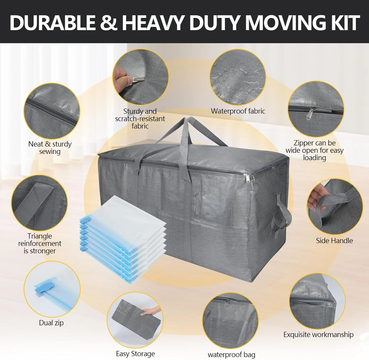 Extra Large Storage Bags Set Heavy Duty Moving Totes with Handles, Waterproof Dual-Way Carrying Design Space-Saving Packing Supplies, Includes 10 Vacuum Seal Bags