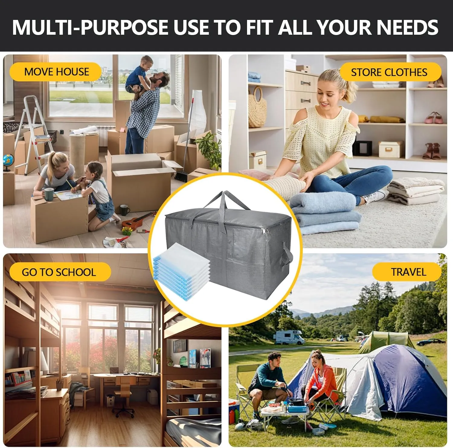 Extra Large Storage Bags Set Heavy Duty Moving Totes with Handles, Waterproof Dual-Way Carrying Design Space-Saving Packing Supplies, Includes 10 Vacuum Seal Bags