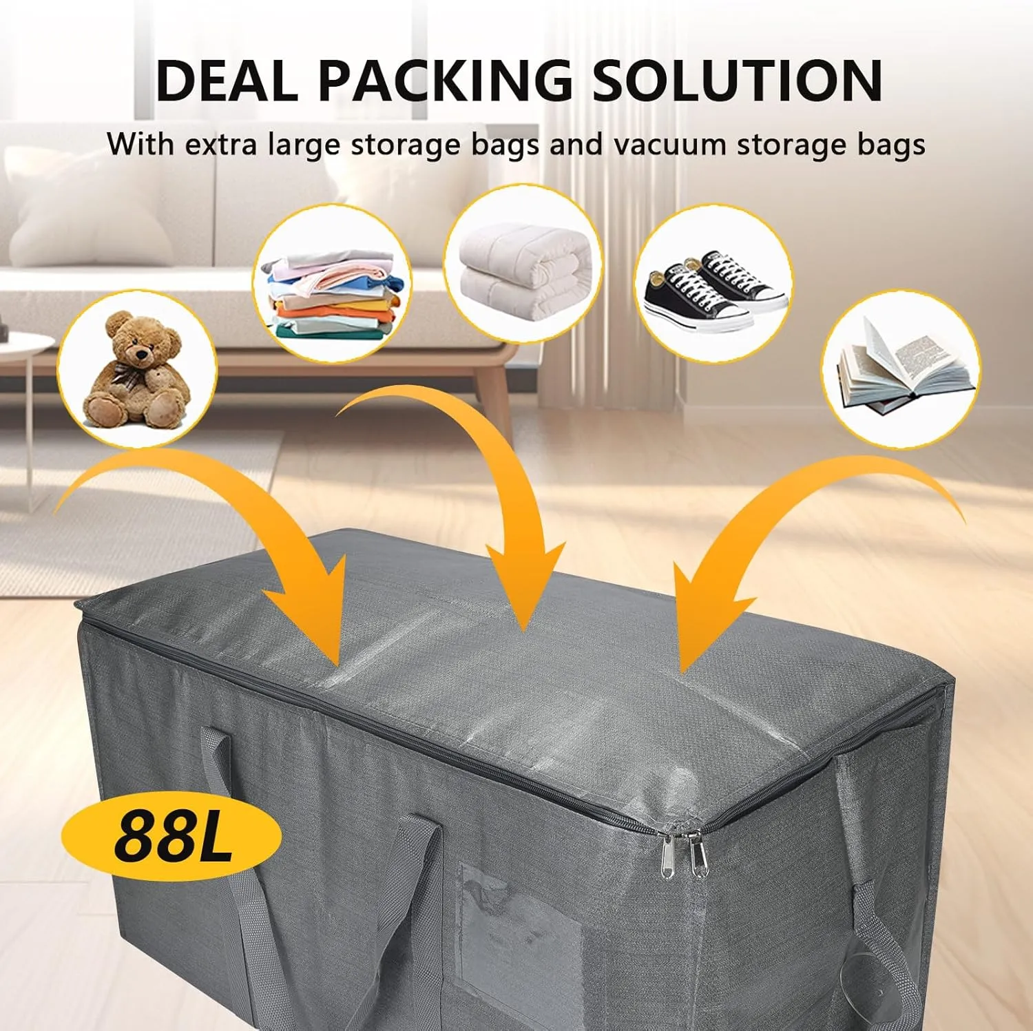 Extra Large Storage Bags Set Heavy Duty Moving Totes with Handles, Waterproof Dual-Way Carrying Design Space-Saving Packing Supplies, Includes 10 Vacuum Seal Bags