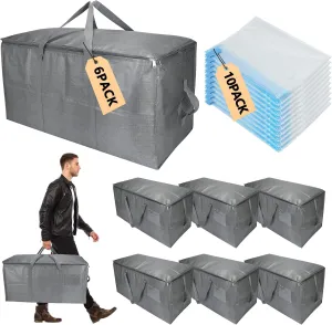 Extra Large Storage Bags Set Heavy Duty Moving Totes with Handles, Waterproof Dual-Way Carrying Design Space-Saving Packing Supplies, Includes 10 Vacuum Seal Bags