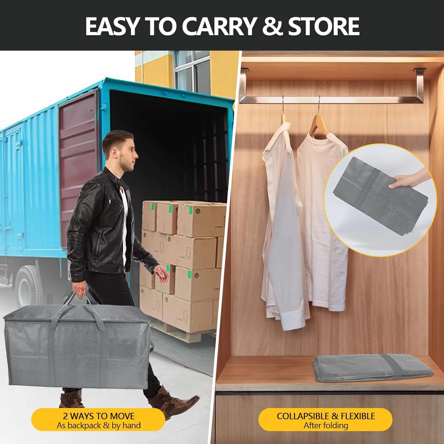Extra Large Storage Bags Set Heavy Duty Moving Totes with Handles, Waterproof Dual-Way Carrying Design Space-Saving Packing Supplies, Includes 10 Vacuum Seal Bags