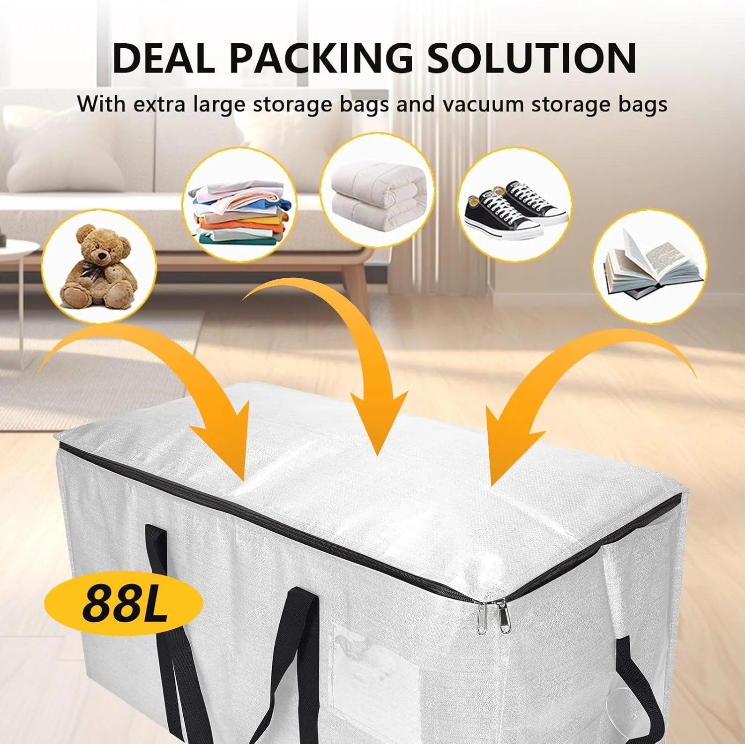 Extra Large Storage Bags Set Heavy Duty Moving Totes with Handles, Waterproof Dual-Way Carrying Design with Vacuum Storage Bag Combo, (Transparent, 16 Park-6 Moving bag & 10 Vacuum Seal Bags)