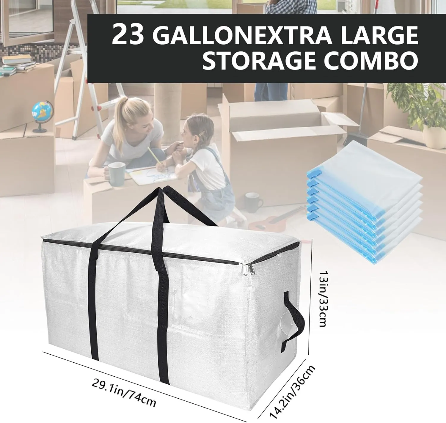 Extra Large Storage Bags Set Heavy Duty Moving Totes with Handles, Waterproof Dual-Way Carrying Design with Vacuum Storage Bag Combo, (Transparent, 16 Park-6 Moving bag & 10 Vacuum Seal Bags)