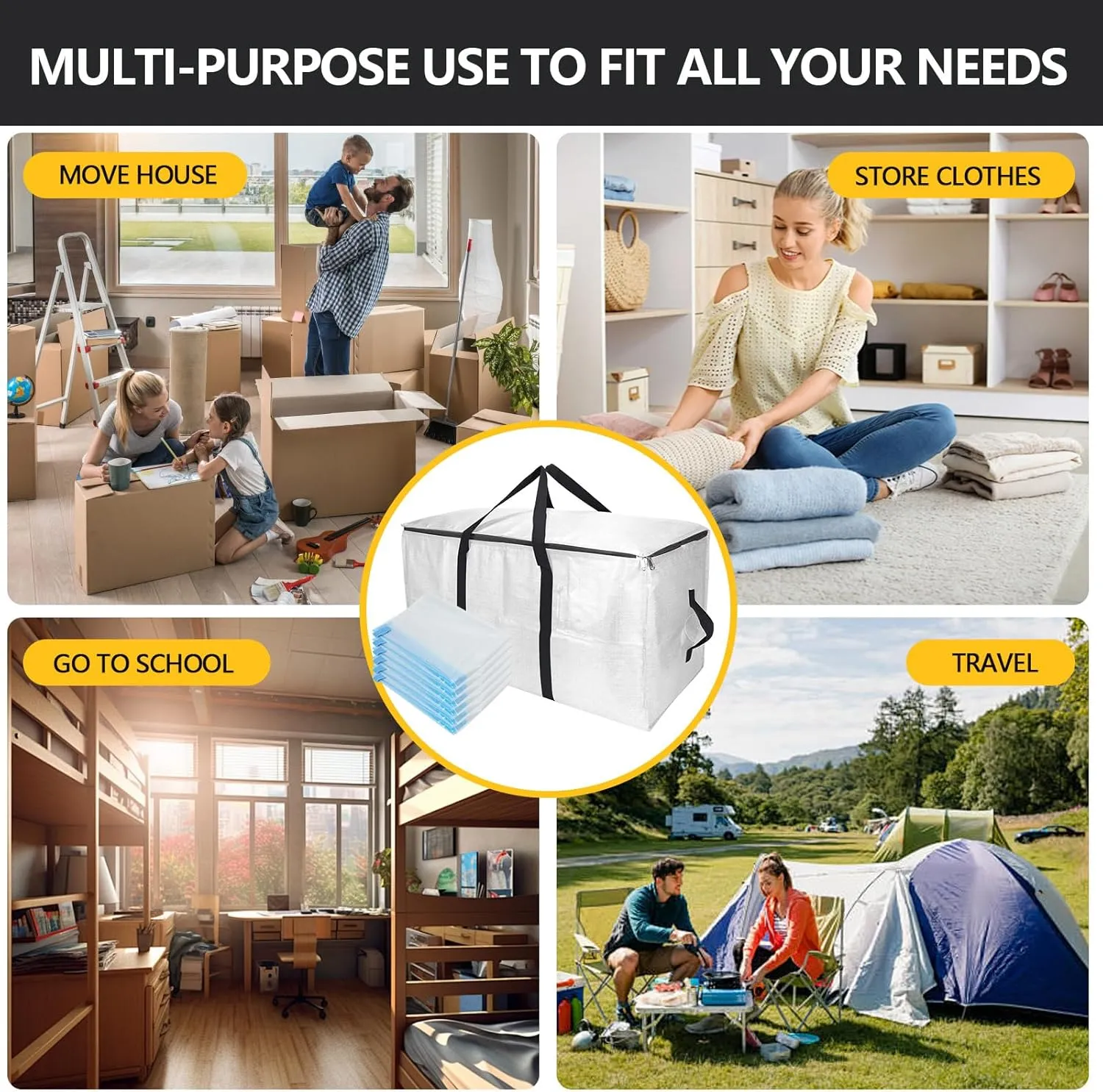 Extra Large Storage Bags Set Heavy Duty Moving Totes with Handles, Waterproof Dual-Way Carrying Design with Vacuum Storage Bag Combo, (Transparent, 16 Park-6 Moving bag & 10 Vacuum Seal Bags)
