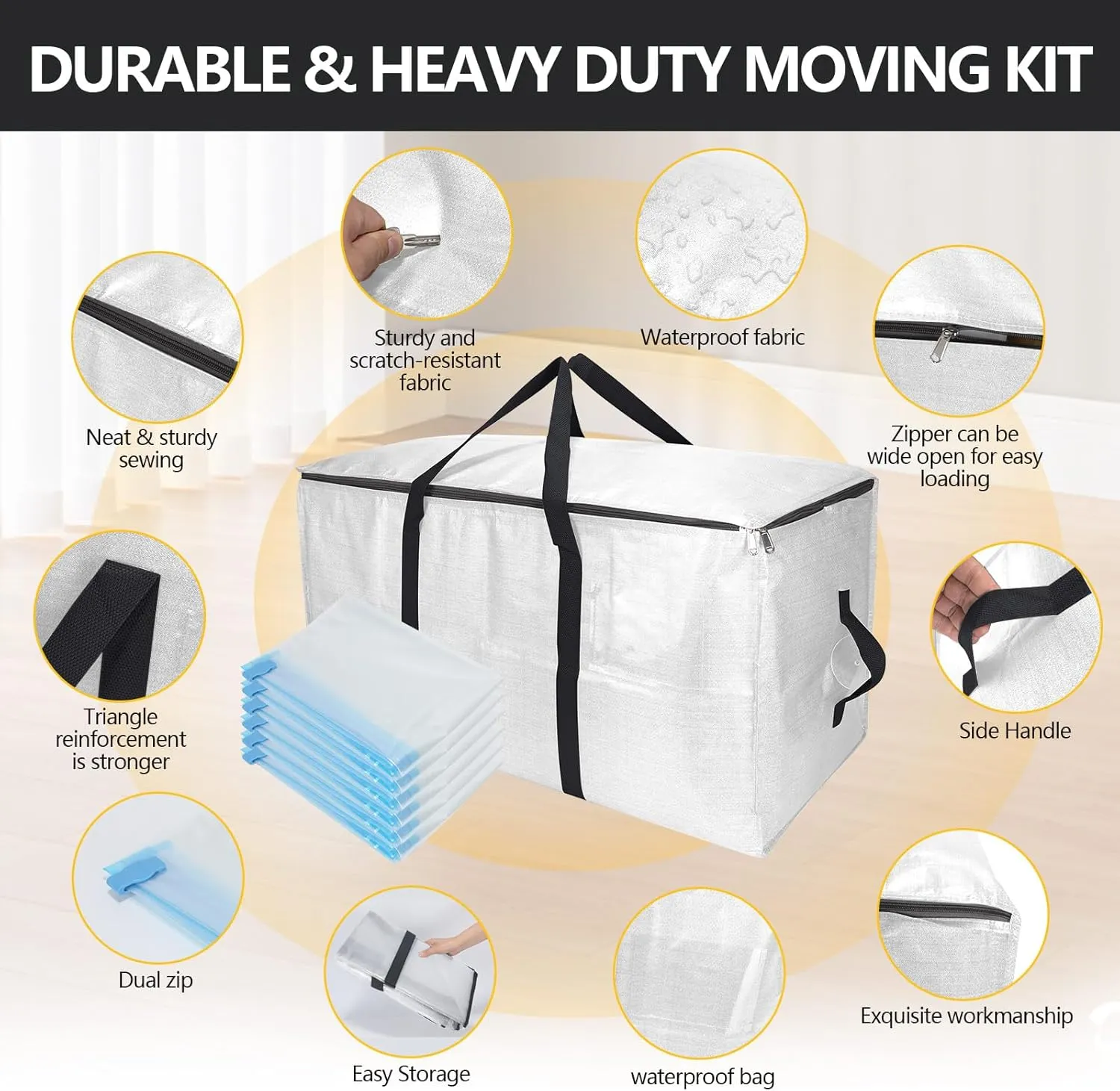 Extra Large Storage Bags Set Heavy Duty Moving Totes with Handles, Waterproof Dual-Way Carrying Design with Vacuum Storage Bag Combo, (Transparent, 16 Park-6 Moving bag & 10 Vacuum Seal Bags)