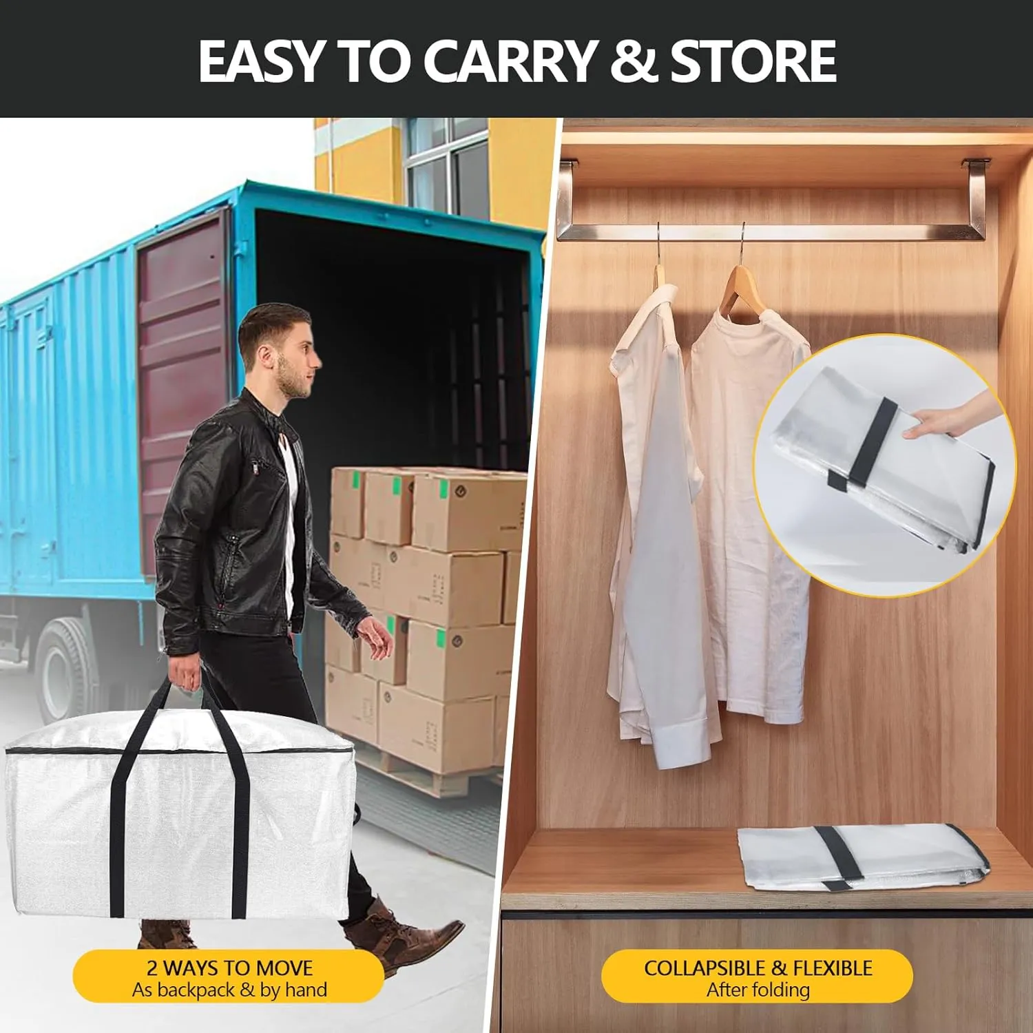 Extra Large Storage Bags Set Heavy Duty Moving Totes with Handles, Waterproof Dual-Way Carrying Design with Vacuum Storage Bag Combo, (Transparent, 16 Park-6 Moving bag & 10 Vacuum Seal Bags)