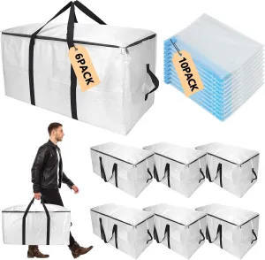 Extra Large Storage Bags Set Heavy Duty Moving Totes with Handles, Waterproof Dual-Way Carrying Design with Vacuum Storage Bag Combo, (Transparent, 16 Park-6 Moving bag & 10 Vacuum Seal Bags)