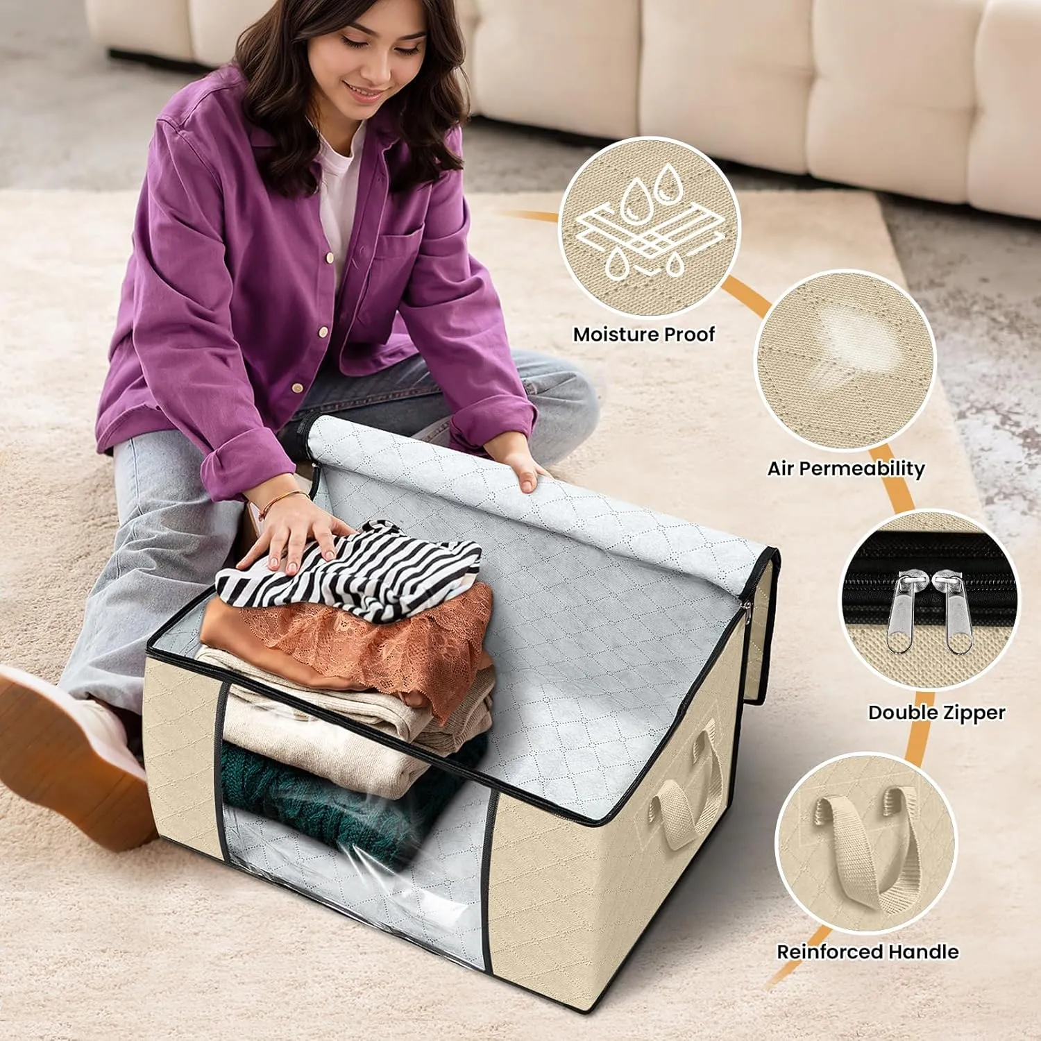 Fab totes 6 Pack Clothes Storage, Foldable Thick Fabric Blanket Storage Bags, Containers for Organizing Bedroom, Closet, Clothing, Comforter,Organization with Handle,Beige