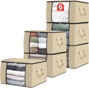Fab totes 6 Pack Clothes Storage, Foldable Thick Fabric Blanket Storage Bags, Containers for Organizing Bedroom, Closet, Clothing, Comforter,Organization with Handle,Beige