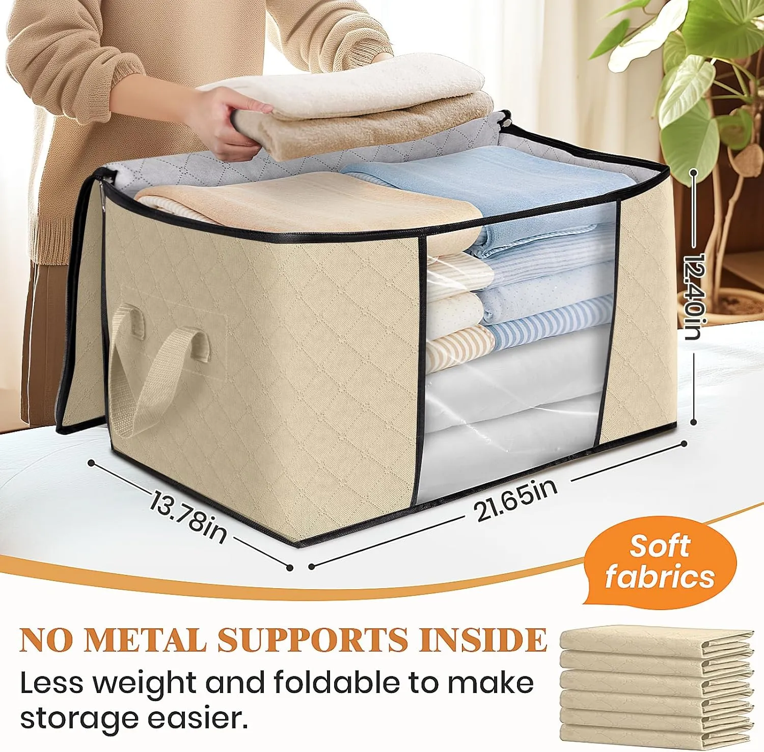 Fab totes 6 Pack Clothes Storage, Foldable Thick Fabric Blanket Storage Bags, Containers for Organizing Bedroom, Closet, Clothing, Comforter,Organization with Handle,Beige