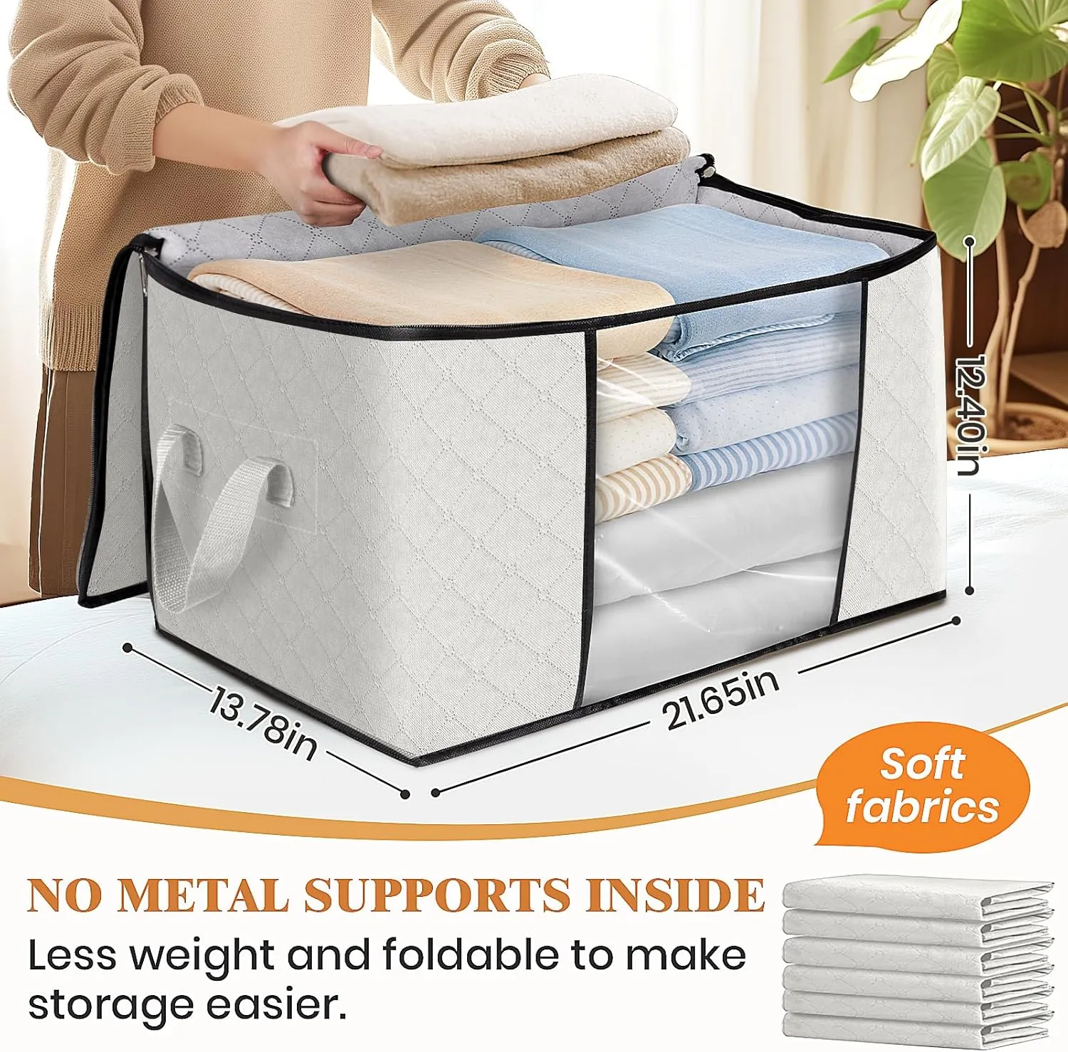 Fab totes 6 Pack Clothes Storage, Foldable Thick Fabric Blanket Storage Bags, Containers for Organizing Bedroom, Closet, Clothing, Comforter,Organization with Handle,Ivory White