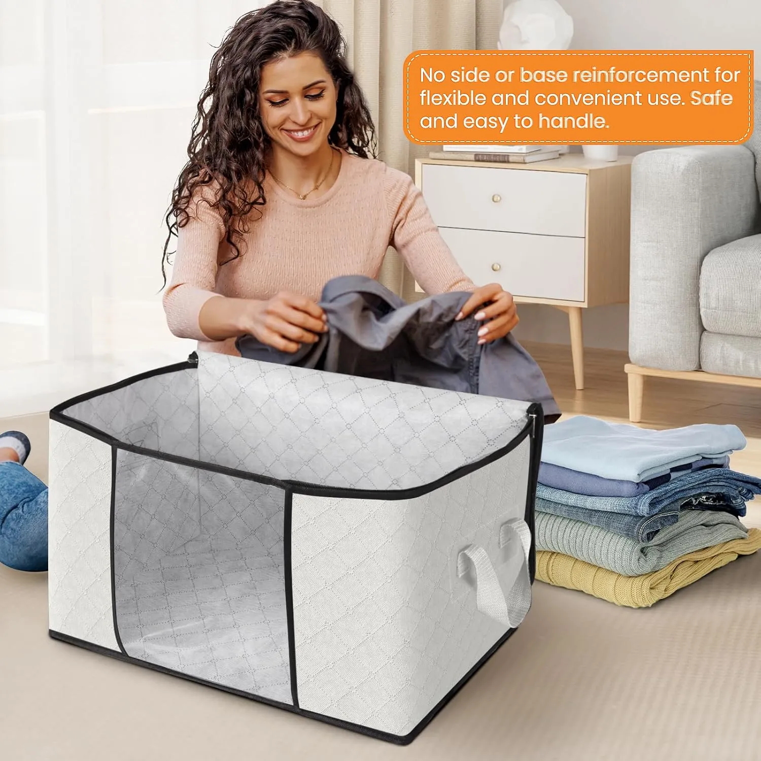 Fab totes 6 Pack Clothes Storage, Foldable Thick Fabric Blanket Storage Bags, Containers for Organizing Bedroom, Closet, Clothing, Comforter,Organization with Handle,Ivory White