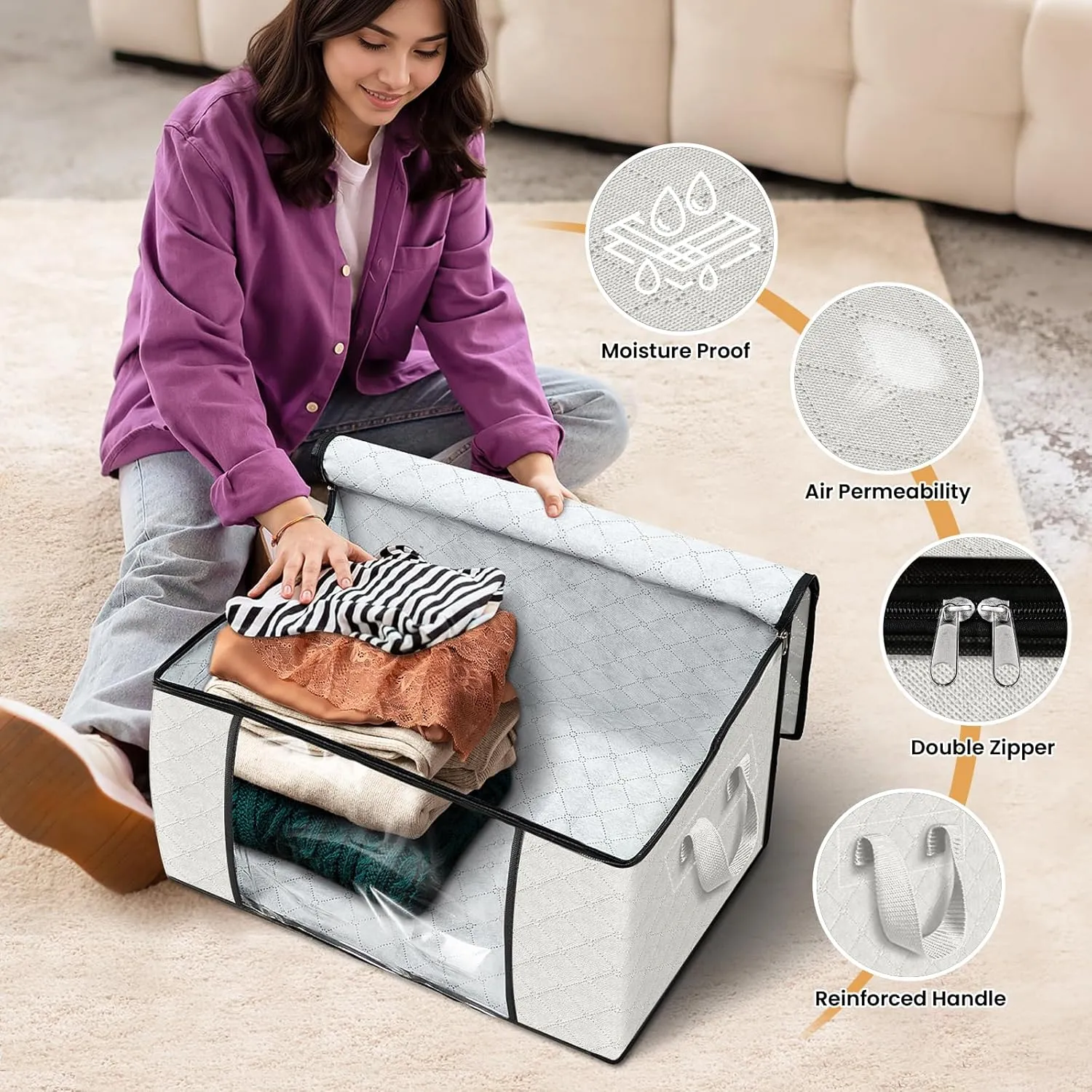Fab totes 6 Pack Clothes Storage, Foldable Thick Fabric Blanket Storage Bags, Containers for Organizing Bedroom, Closet, Clothing, Comforter,Organization with Handle,Ivory White