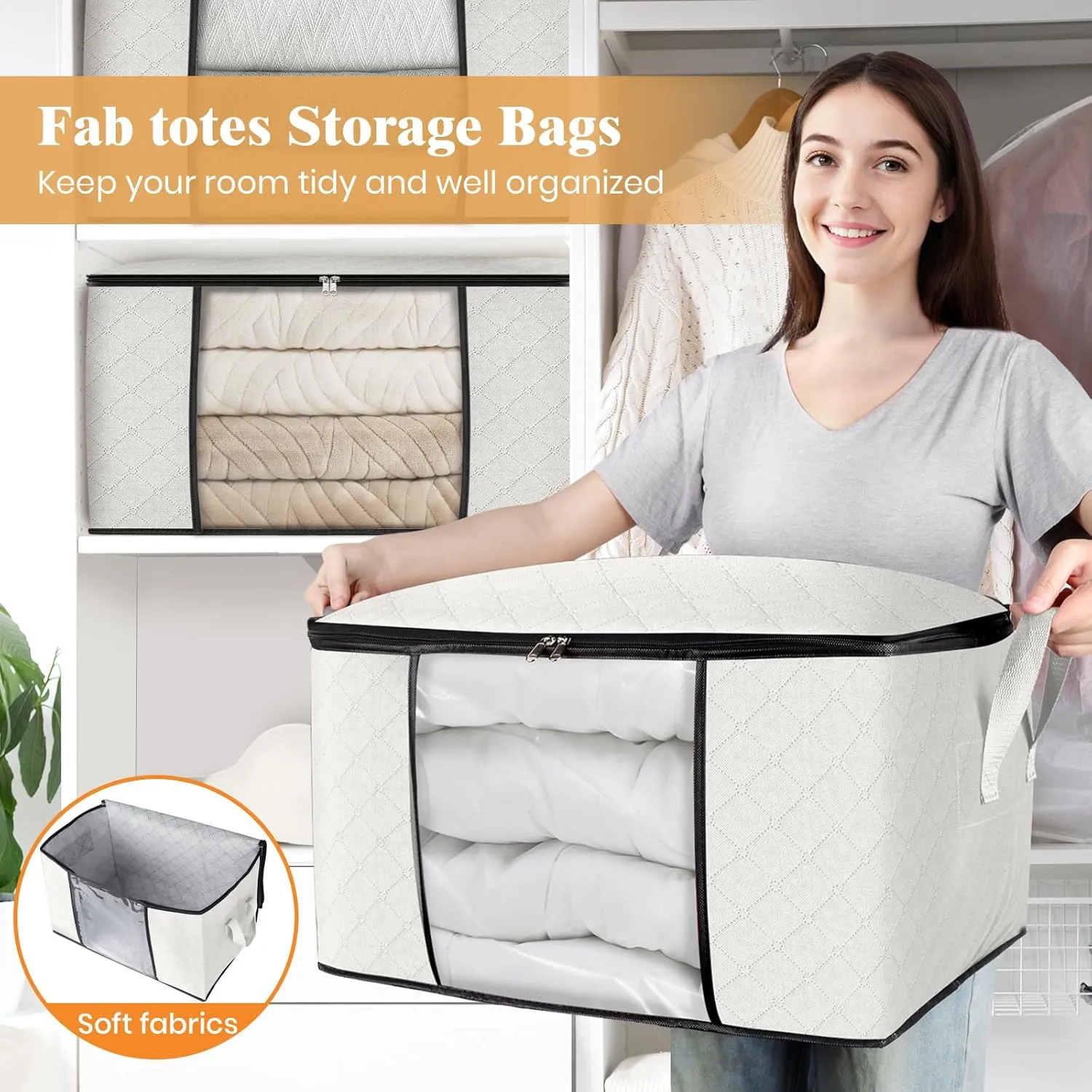 Fab totes 6 Pack Clothes Storage, Foldable Thick Fabric Blanket Storage Bags, Containers for Organizing Bedroom, Closet, Clothing, Comforter,Organization with Handle,Ivory White