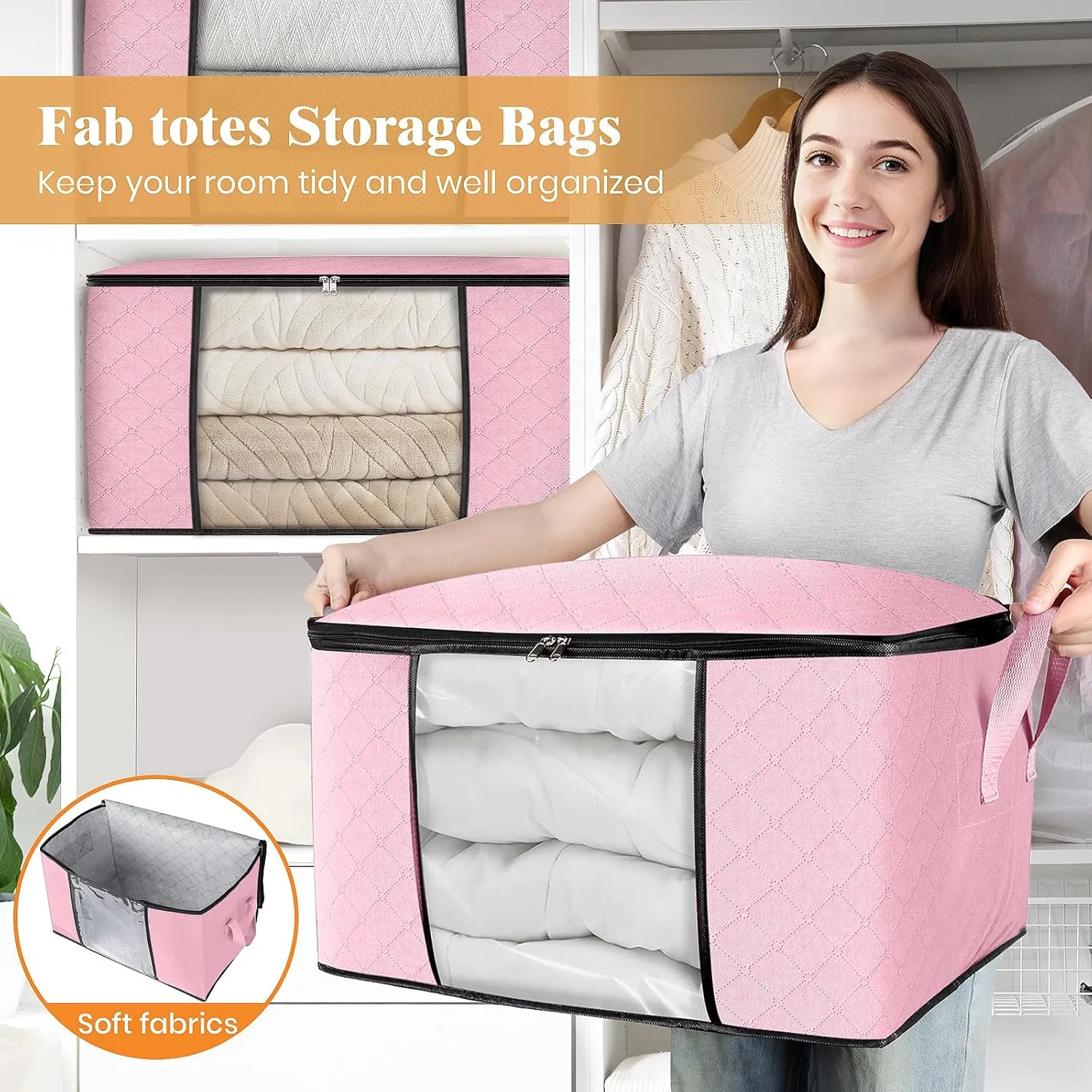 Fab totes 6 Pack Clothes Storage, Foldable Thick Fabric Blanket Storage Bags, Containers for Organizing Bedroom, Closet, Clothing, Comforter,Organization with Handle,Pink