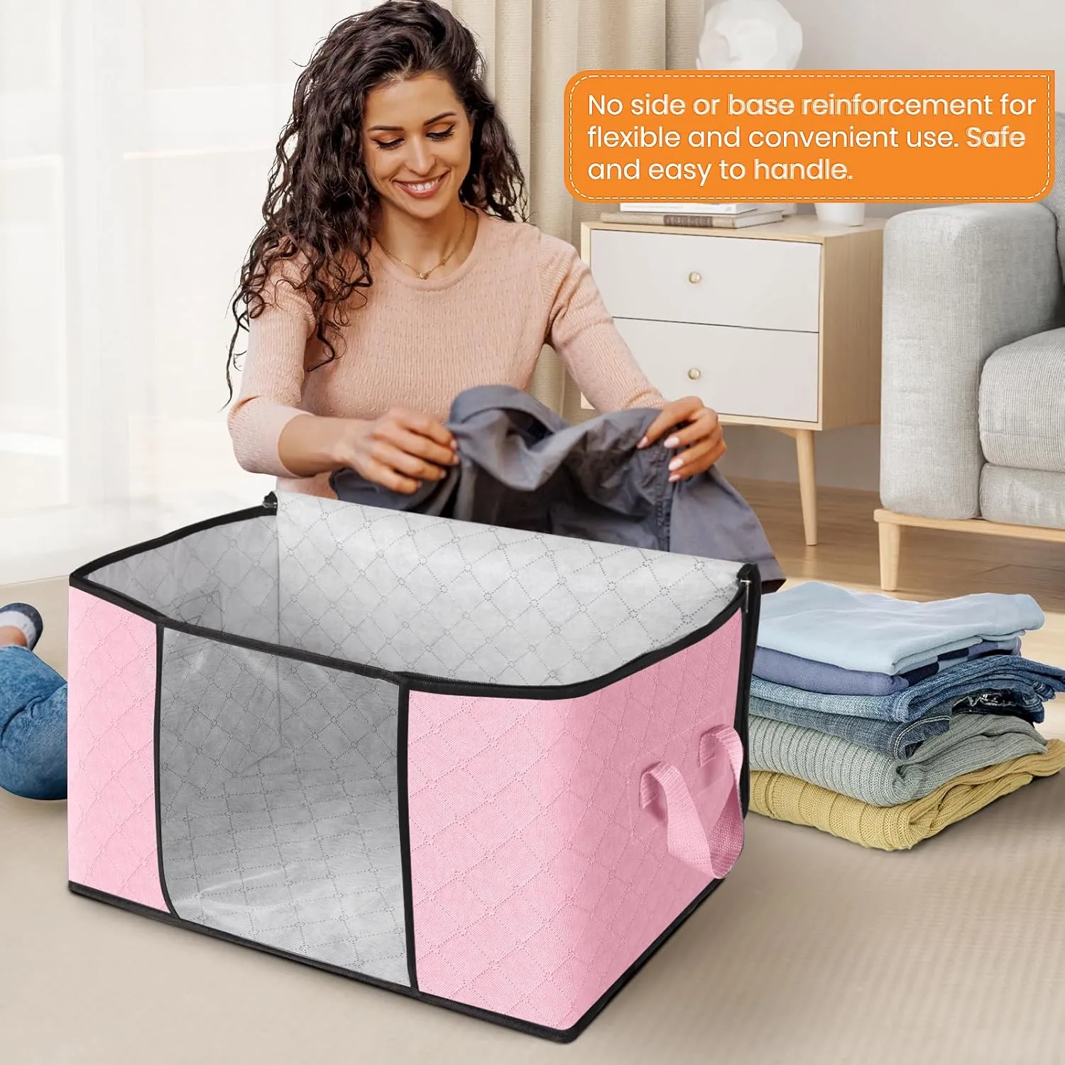 Fab totes 6 Pack Clothes Storage, Foldable Thick Fabric Blanket Storage Bags, Containers for Organizing Bedroom, Closet, Clothing, Comforter,Organization with Handle,Pink