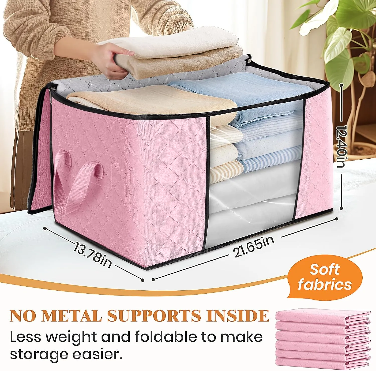 Fab totes 6 Pack Clothes Storage, Foldable Thick Fabric Blanket Storage Bags, Containers for Organizing Bedroom, Closet, Clothing, Comforter,Organization with Handle,Pink