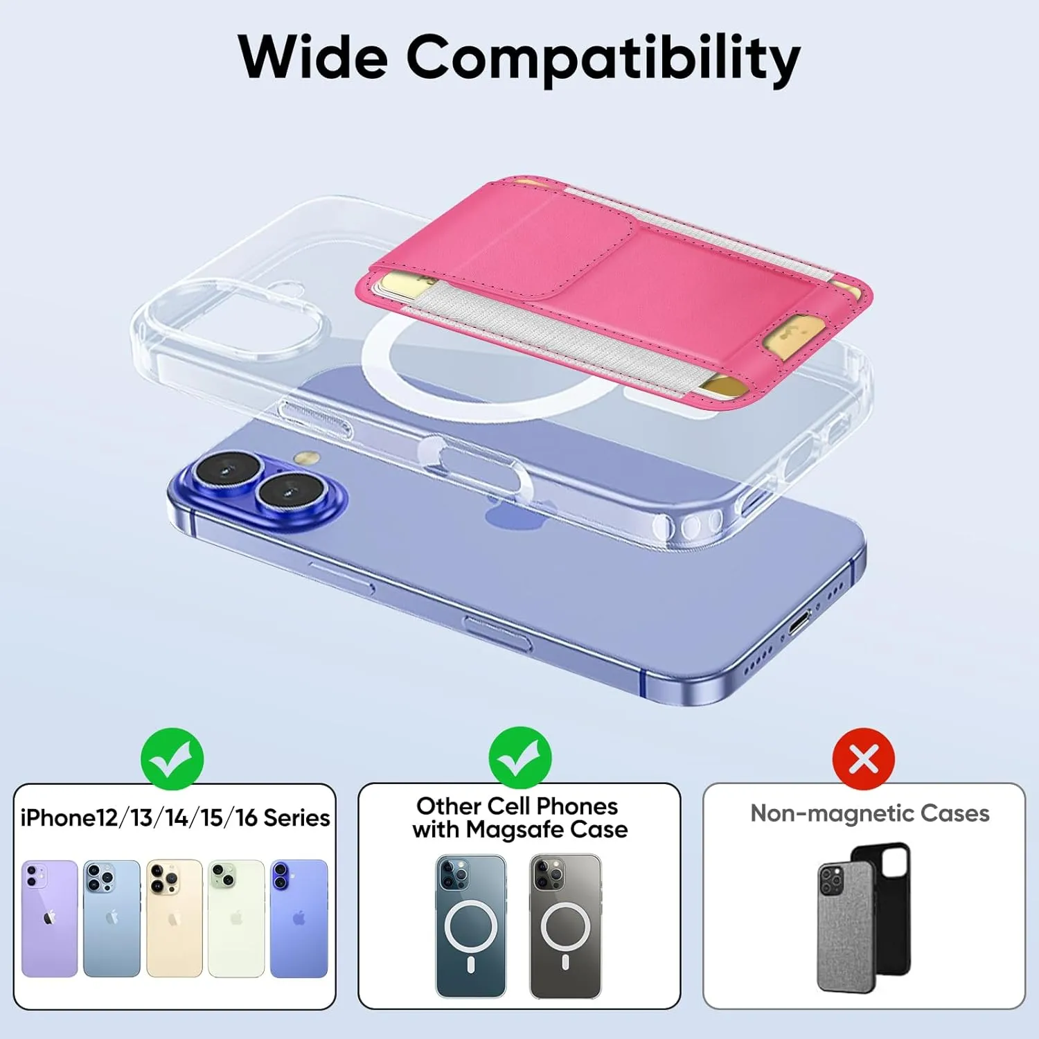 FINPAC MagSafe Wallet, Magnetic Card Wallet Holder for iPhone 16/15/14/13/12 Series, Safe RFID Blocking Slim Leather 6 Card Holder for Women Men, Pink