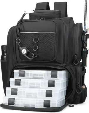 Fishing Backpack with Rod Holders.4 Tackle Boxes Fishing Bag Storage Fishing Gear and Equipment