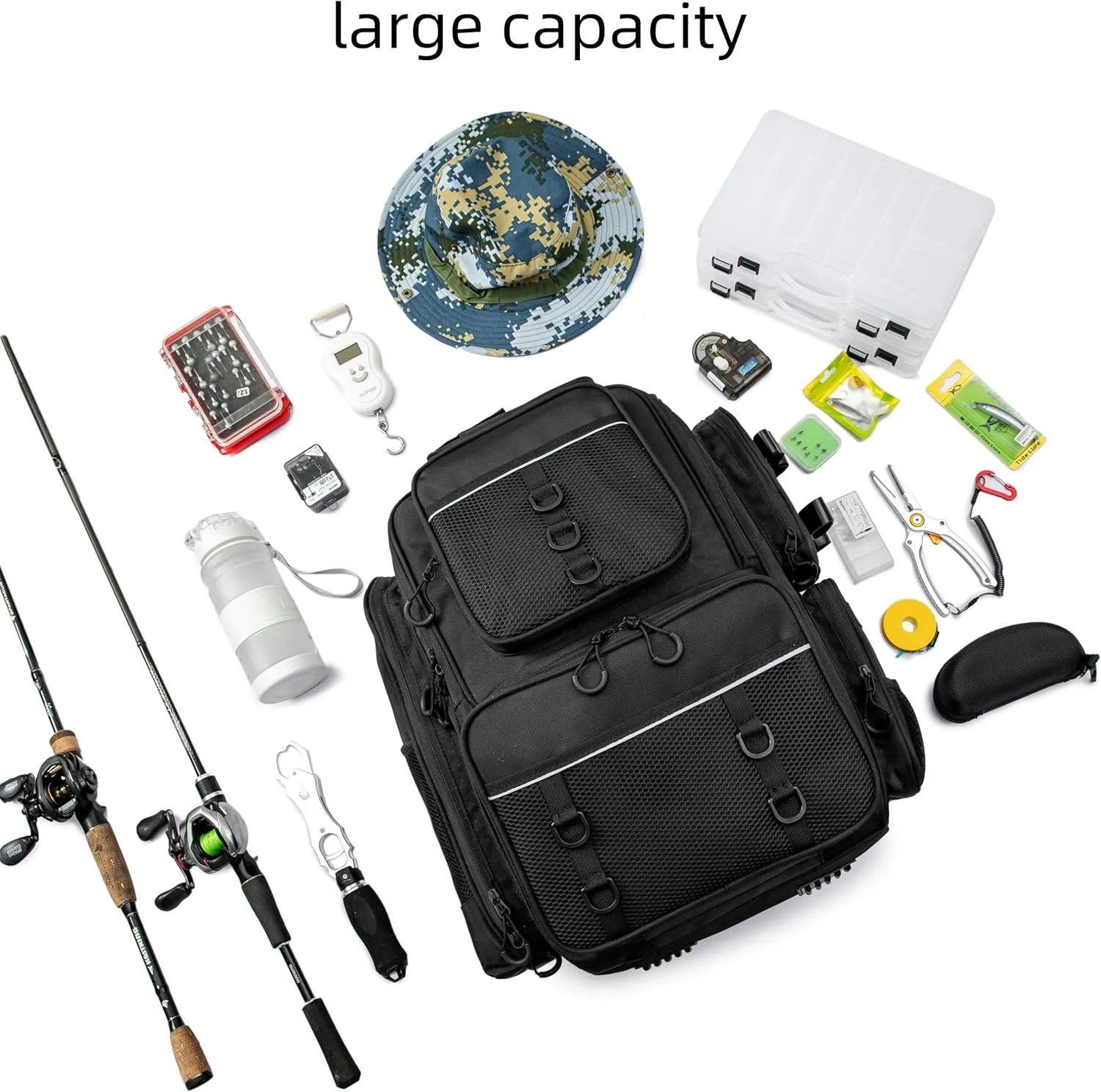 Fishing Backpack with Rod Holders.4 Tackle Boxes Fishing Bag Storage Fishing Gear and Equipment