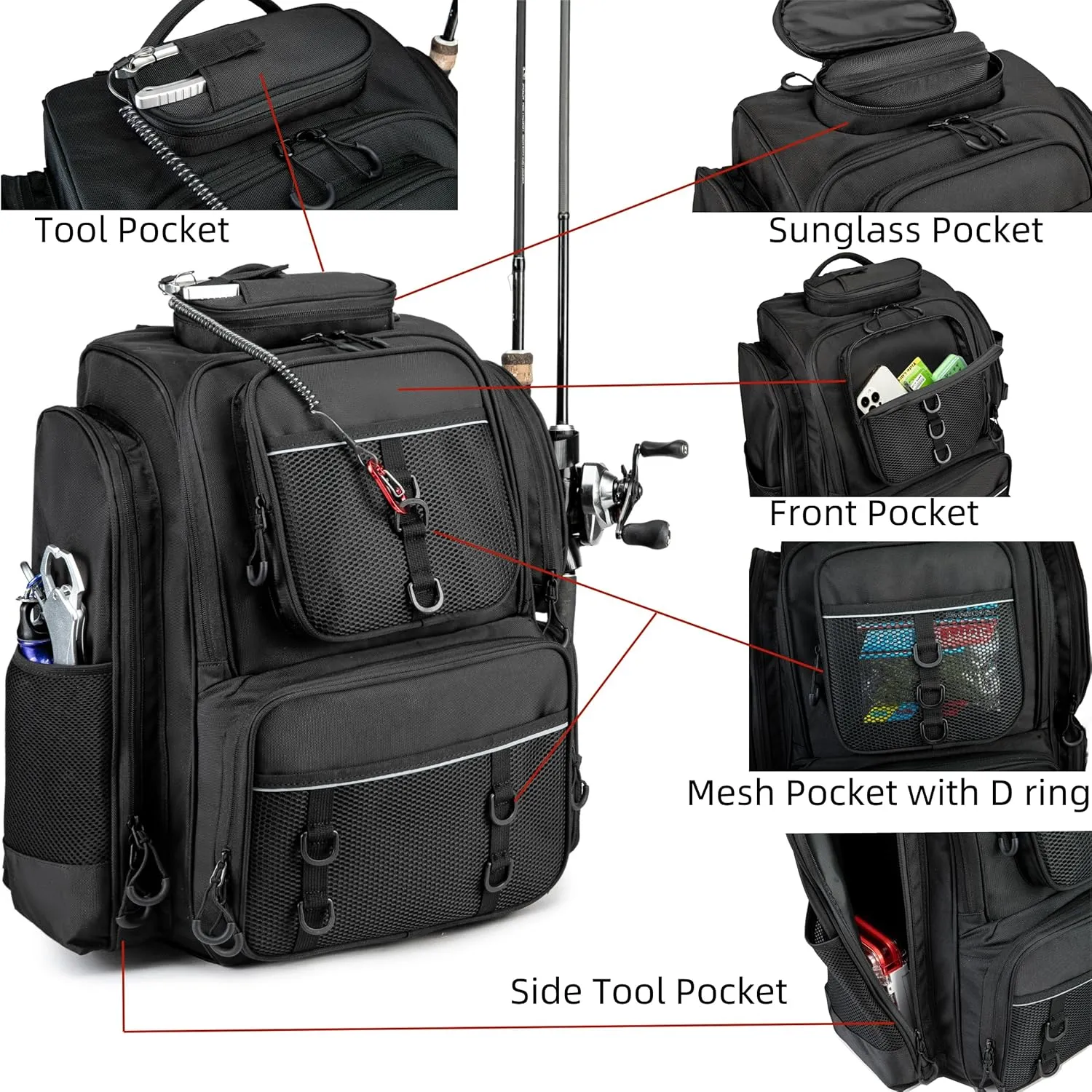 Fishing Backpack with Rod Holders.4 Tackle Boxes Fishing Bag Storage Fishing Gear and Equipment