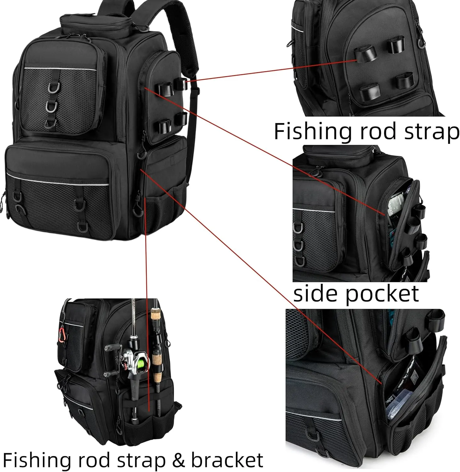 Fishing Backpack with Rod Holders.4 Tackle Boxes Fishing Bag Storage Fishing Gear and Equipment
