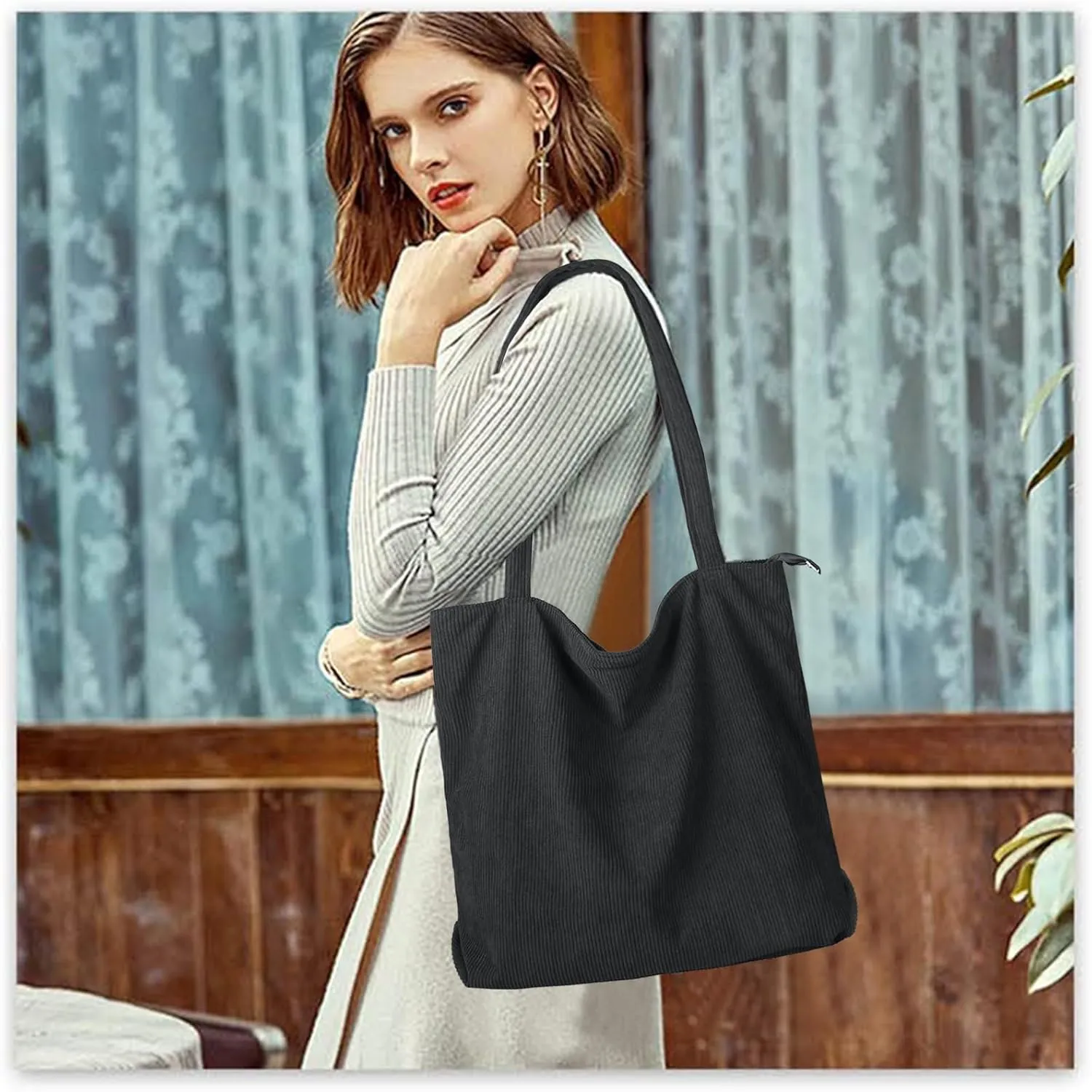 FITDON Corduroy Totes Bag with Zip, Shoulder Bags Handbags Women's Hobos Large Capacity Shopping Bag with Inner Pocket