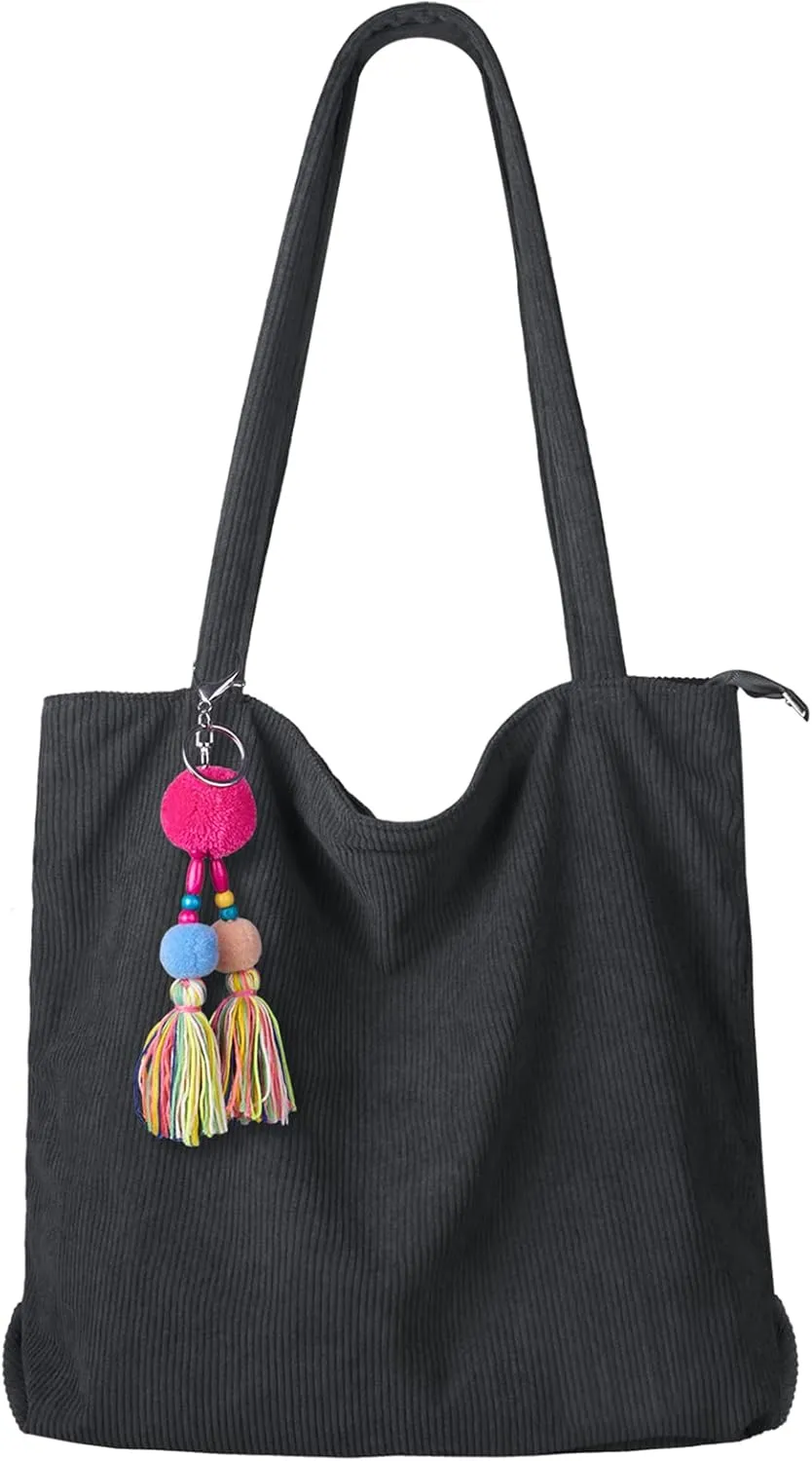 FITDON Corduroy Totes Bag with Zip, Shoulder Bags Handbags Women's Hobos Large Capacity Shopping Bag with Inner Pocket