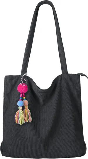 FITDON Corduroy Totes Bag with Zip, Shoulder Bags Handbags Women's Hobos Large Capacity Shopping Bag with Inner Pocket