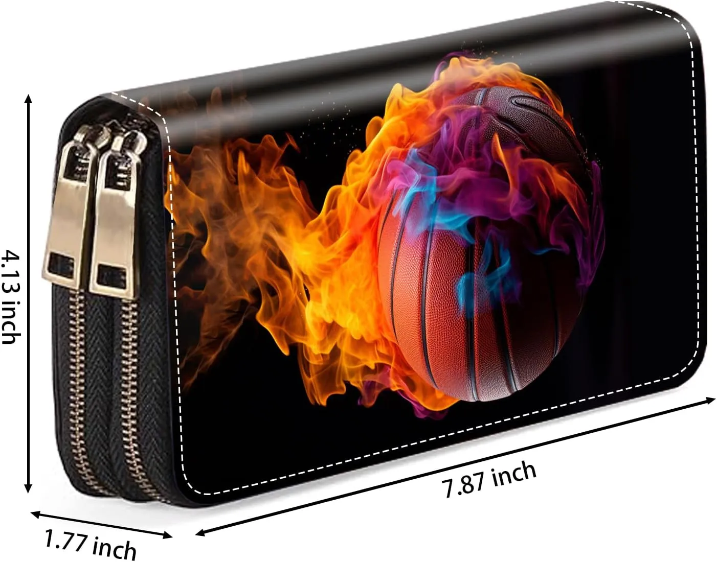 Flame Basketball Print Women Large Capacity PU Leather Double Zipper Wallet, Multifunctional Clutch Purse for Cash/Card/Coin/Smart Phone