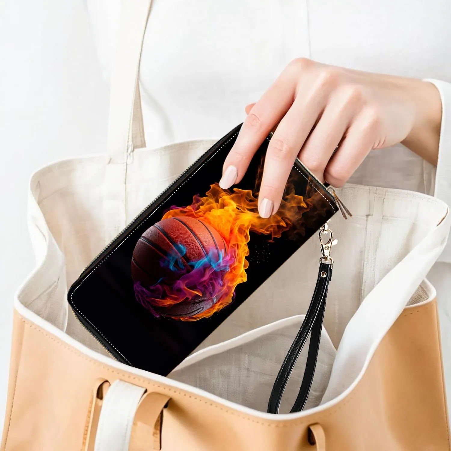 Flame Basketball Print Women Large Capacity PU Leather Double Zipper Wallet, Multifunctional Clutch Purse for Cash/Card/Coin/Smart Phone