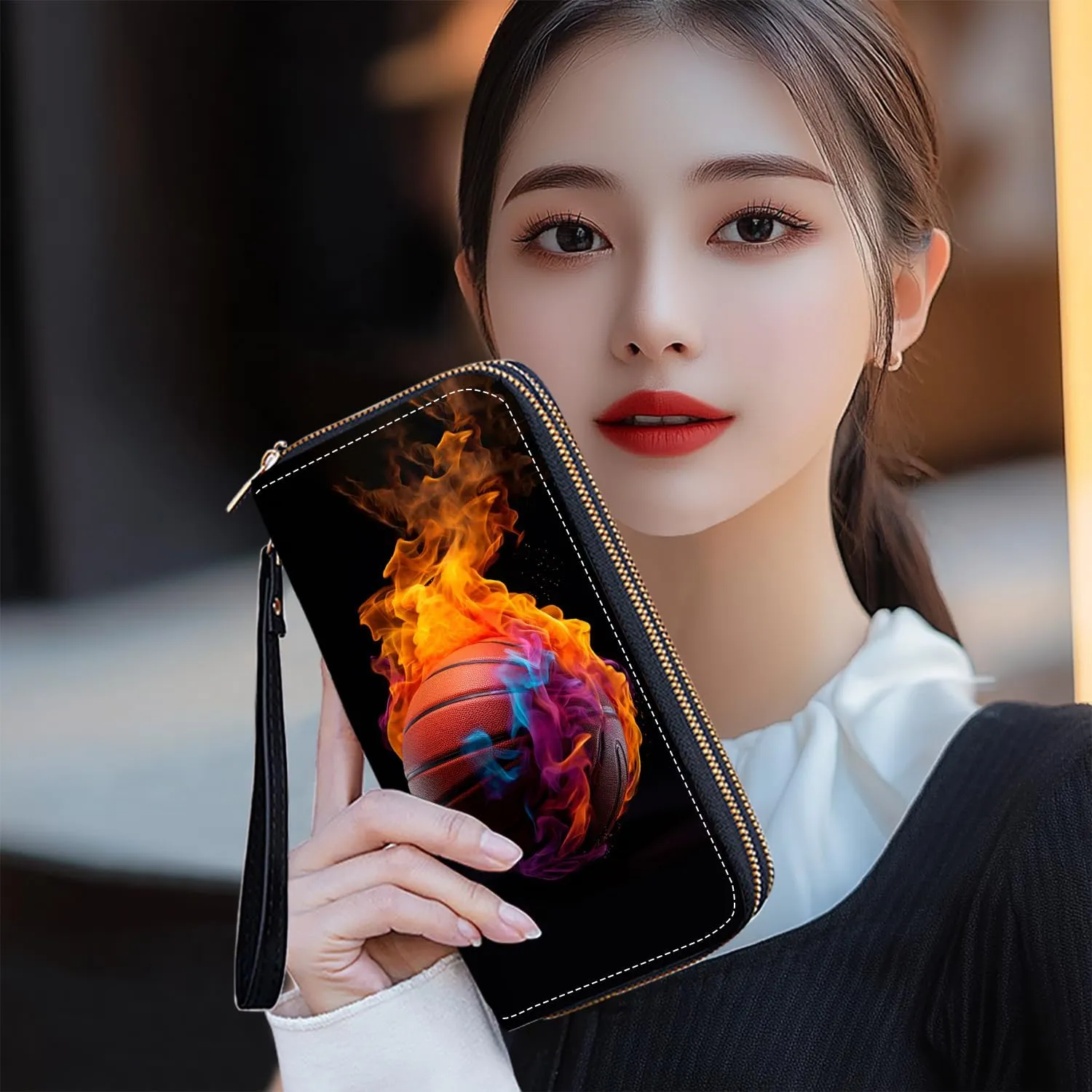Flame Basketball Print Women Large Capacity PU Leather Double Zipper Wallet, Multifunctional Clutch Purse for Cash/Card/Coin/Smart Phone
