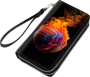 Flame Basketball Print Women Large Capacity PU Leather Double Zipper Wallet, Multifunctional Clutch Purse for Cash/Card/Coin/Smart Phone