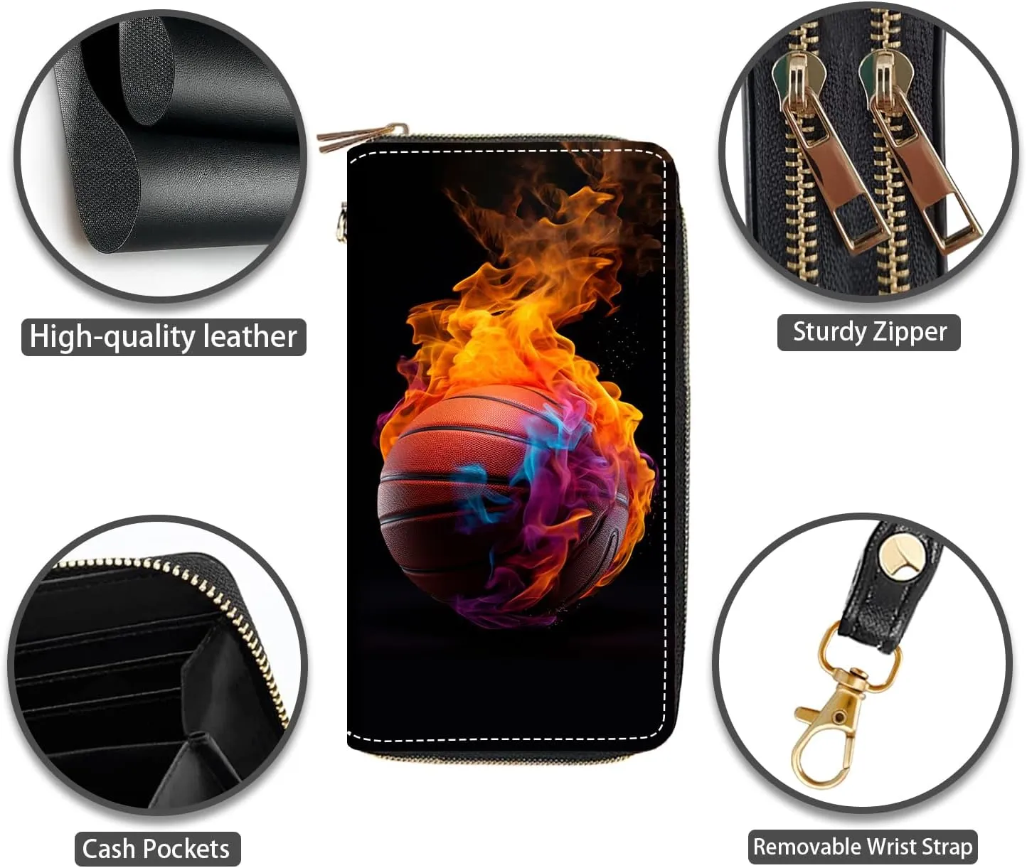 Flame Basketball Print Women Large Capacity PU Leather Double Zipper Wallet, Multifunctional Clutch Purse for Cash/Card/Coin/Smart Phone