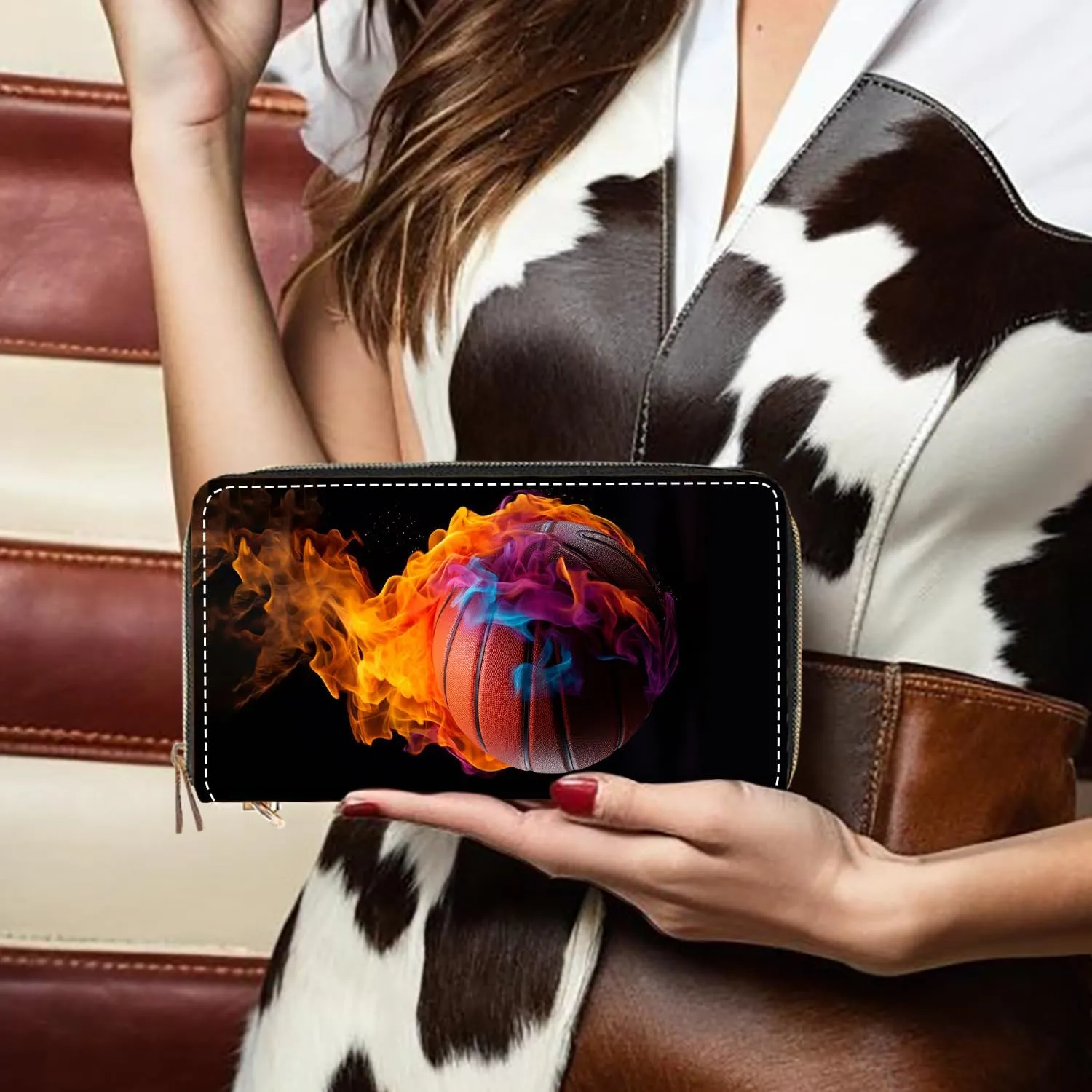 Flame Basketball Print Women Large Capacity PU Leather Double Zipper Wallet, Multifunctional Clutch Purse for Cash/Card/Coin/Smart Phone