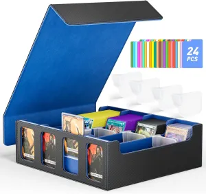 Flooyes Card Storage Box for Trading Cards with 4 Card Supporters, 3200  MTG Deck Box with 24 Colorful Dividers, Commander Trading Card Storage Box with Viewing Windows for Magic Game Cards, Blue