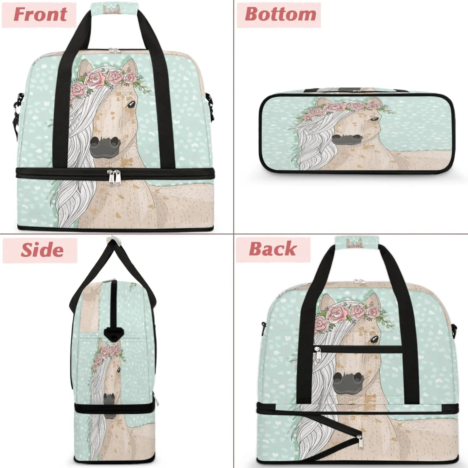 Flower Horse Foldable Travel Duffel Bag, Expandable Sports Gym Bag with Shoes Compartment Weekender Overnight Totes Bags for Women Men