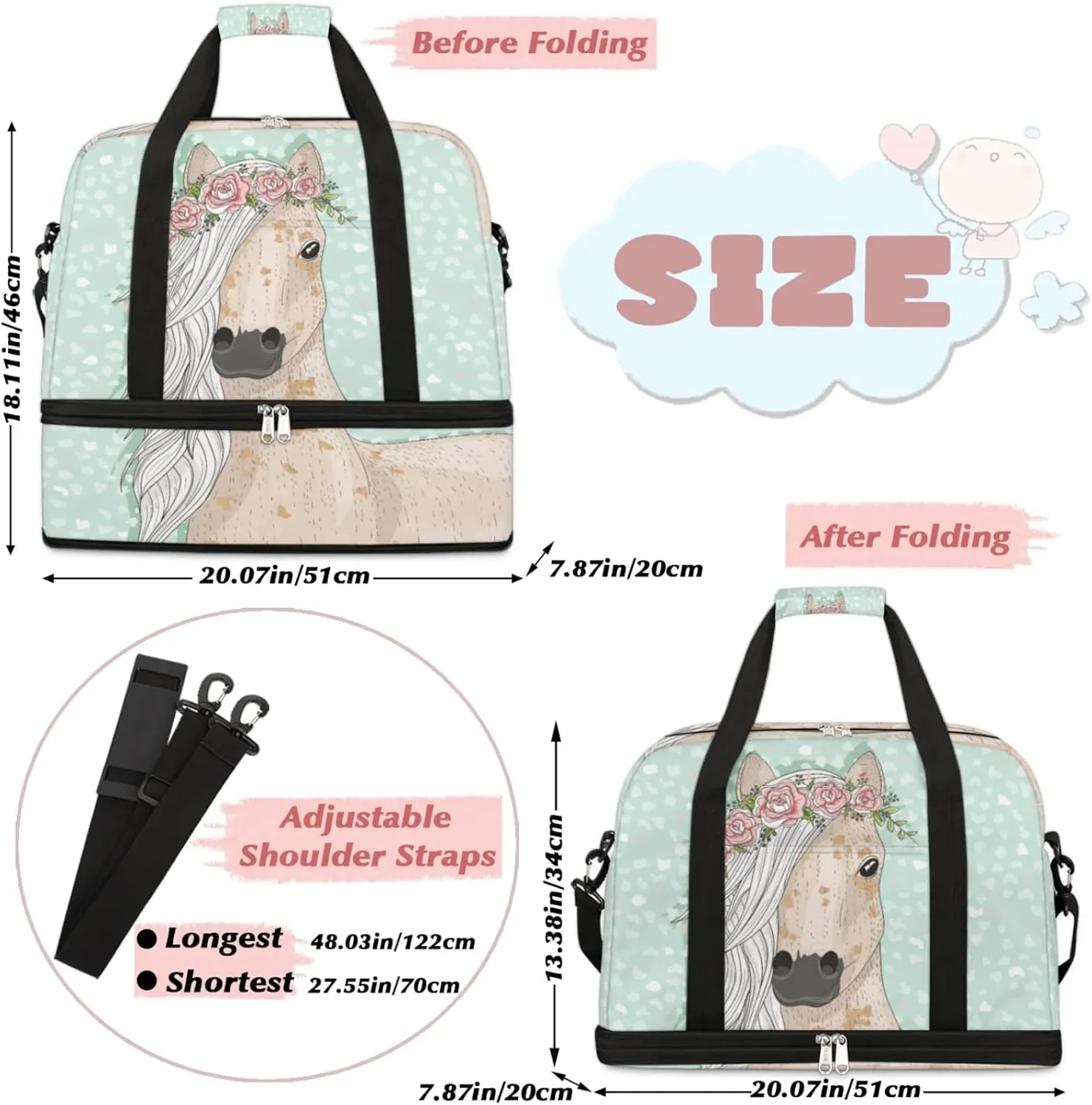 Flower Horse Foldable Travel Duffel Bag, Expandable Sports Gym Bag with Shoes Compartment Weekender Overnight Totes Bags for Women Men