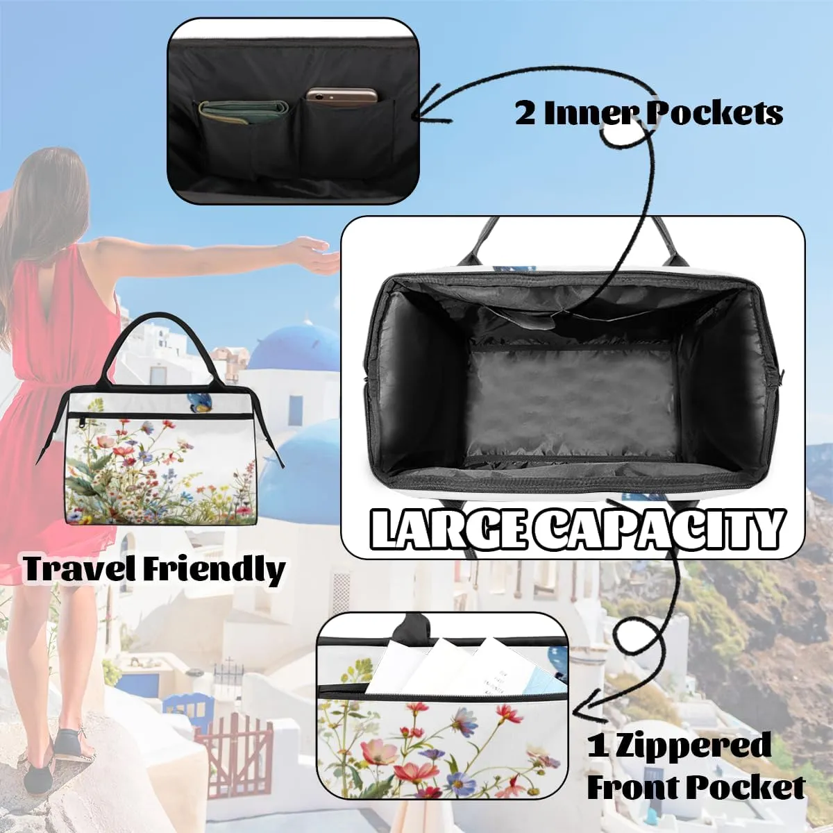 Flowers Floral Small Overnight Weekender Tote Bag for Women Men Foldable Travel Duffel Bags Lightweight Sports Gym Bag Waterproof Carry On Luggage Weekender Bag for Traveling Gifts