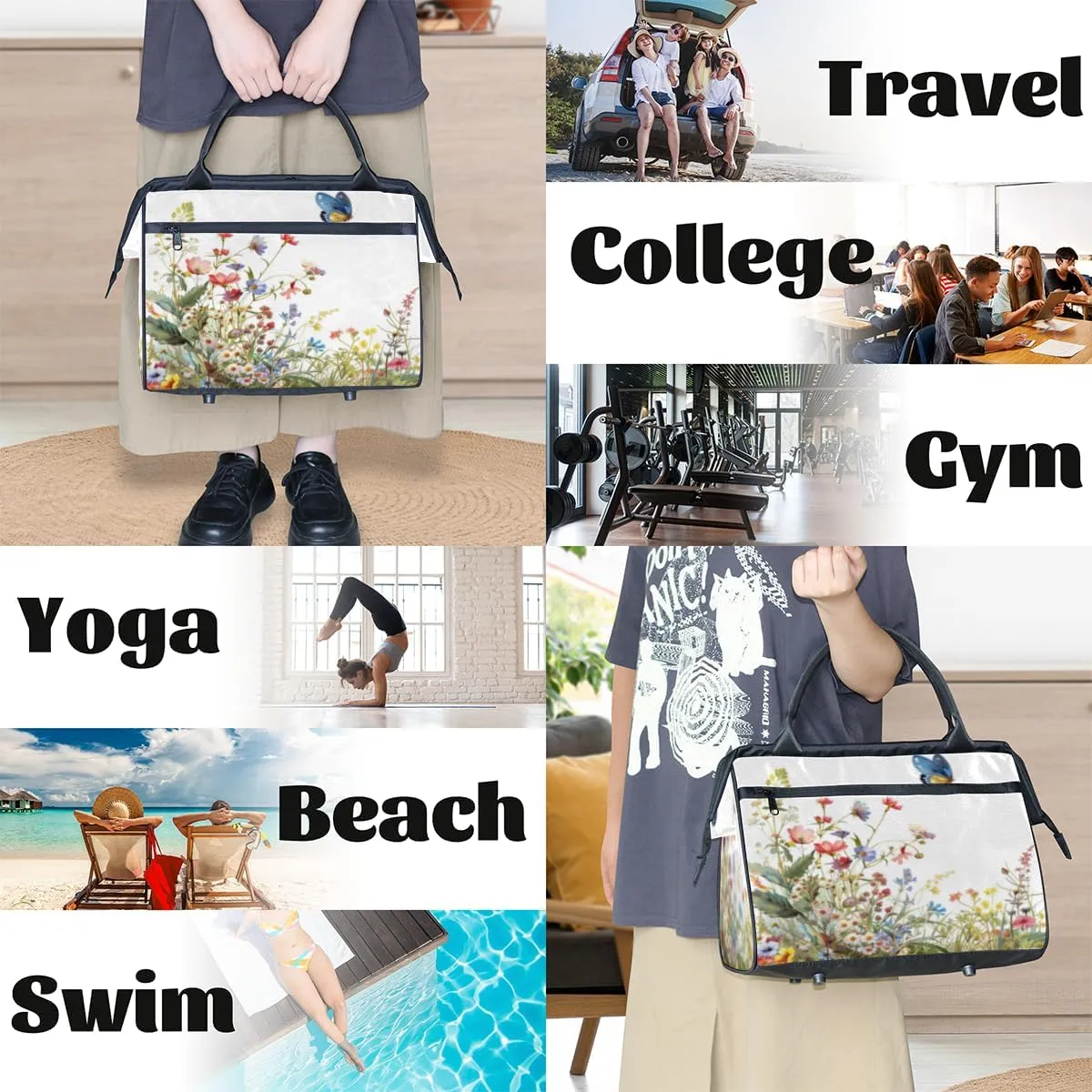 Flowers Floral Small Overnight Weekender Tote Bag for Women Men Foldable Travel Duffel Bags Lightweight Sports Gym Bag Waterproof Carry On Luggage Weekender Bag for Traveling Gifts