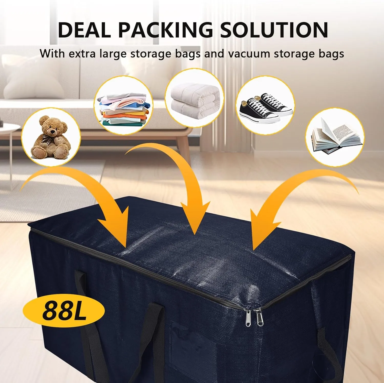 Foldable Moving Bags Extra Large Storage Bags Set Heavy Duty Moving Totes with Strong Handles & Zippers, Waterproof Dual-Way Carrying Design, (Dark Blue, 16 Park-6 Moving bag & 10 Vacuum Seal Bag)